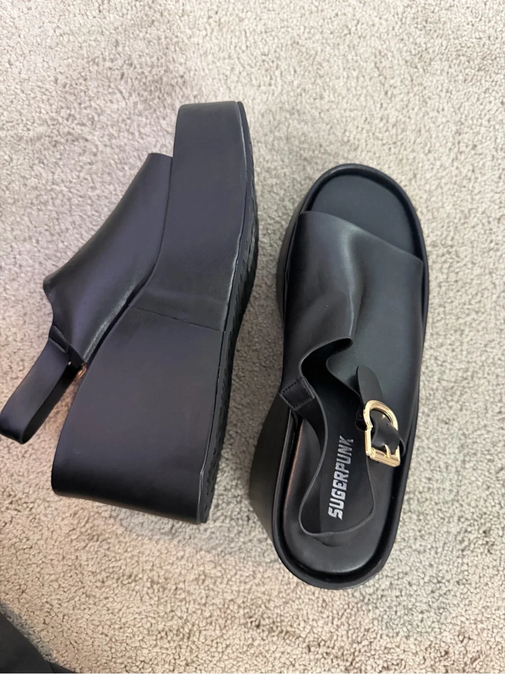 Sugar Black Leather Platform Mules with Gold Buckle